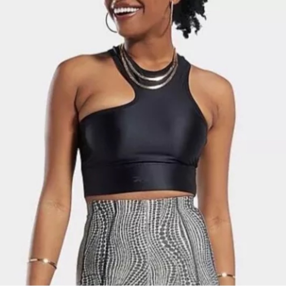 Reebok Cardi B Black Sports Bra longline racer back asymmetrical tank top